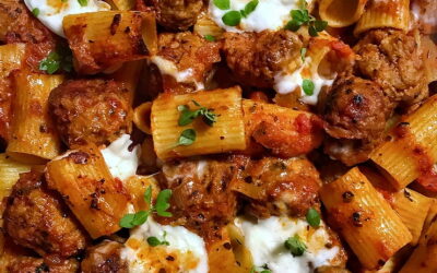 Gratin de pâtes polpettes et burrata