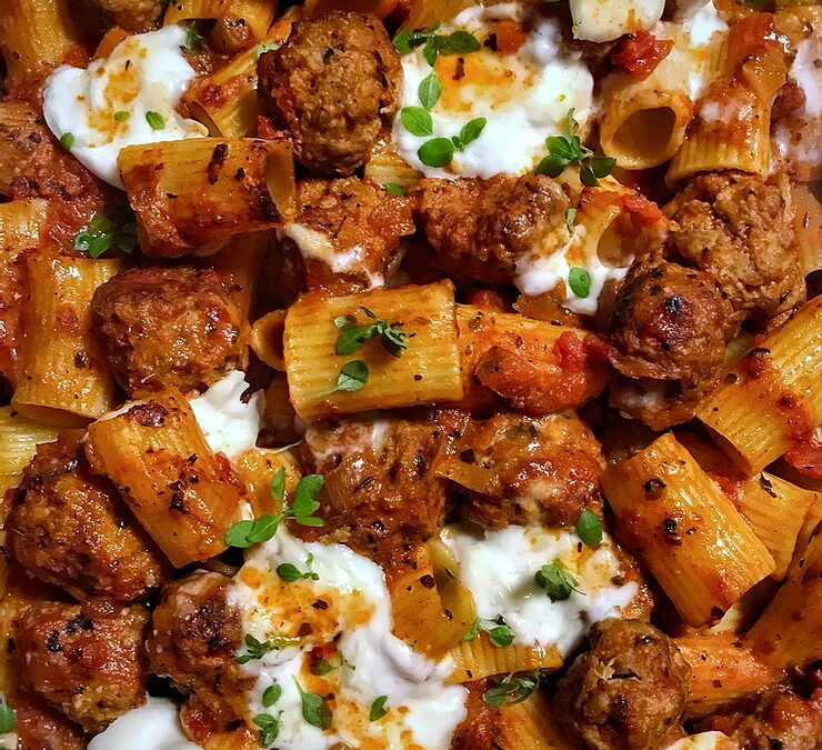 Gratin de pâtes polpettes et burrata